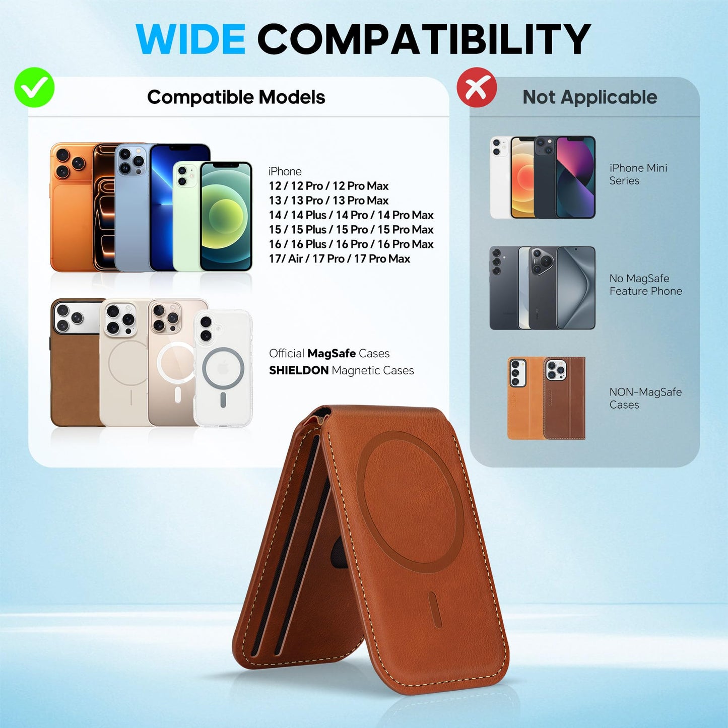 SHIELDON Genuine Leather Card Holder for Phone, Strong Magnetic Wallet for MagSafe with Adjustable Stand, RFID Blocking Mag Wallet for iPhone 17/17e/16/15/14/13/12/Pro/Max/Air/Plus Men & Women - Brown