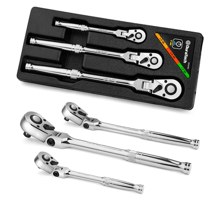 DURATECH 3-Piece Flex-Head Ratchet Set, 1/4", 3/8", 1/2" Drive Ratchet, 72-Tooth with Quick-Release Reversible Design, Chrome Alloy Made, Fully Polished, Organized in Storage Case