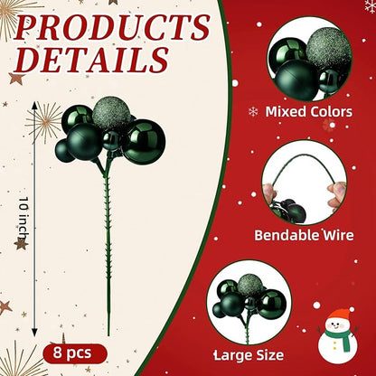 8 Pcs Dark Green Christmas Tree Picks 7.87 Inch Christmas Balls Ornaments Xmas Hanging Decorations for Xmas Tree Topper DIY Wreath Holiday Floral Vase Fillers Crafts Home Decor