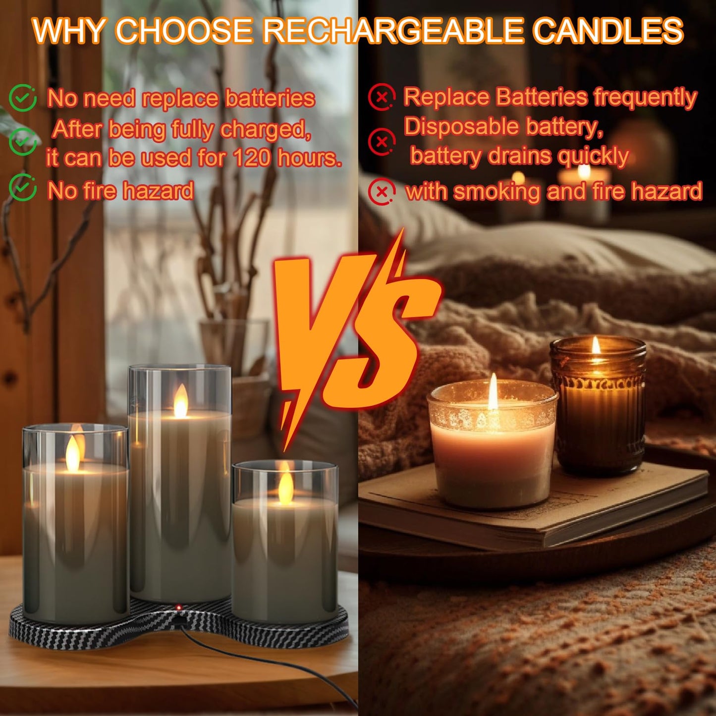 GenSwin Rechargeable Candles with Charging Station, Glass Flameless Candles with Remote, LED Pillar Flickering Candle Battery Operated for Halloween Christmas Home Party Decor(Pack of 3, Gray)