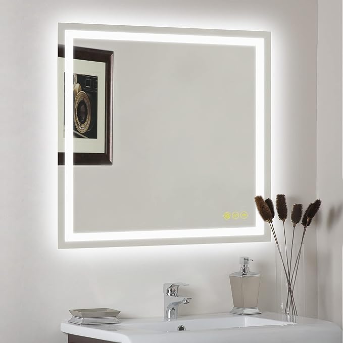 Wall-Mounted LED Square Bathroom Mirror, Makeup Mirror (36 inches x 36 inches,) 3 Color Stepless Dimmable Memory Bathroom Vanity Mirror with Lights CRI90 Smart Mirror with Touch