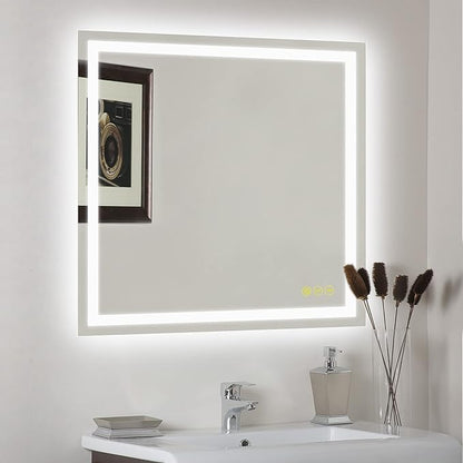 Wall-Mounted LED Square Bathroom Mirror, Makeup Mirror (36 inches x 36 inches,) 3 Color Stepless Dimmable Memory Bathroom Vanity Mirror with Lights CRI90 Smart Mirror with Touch