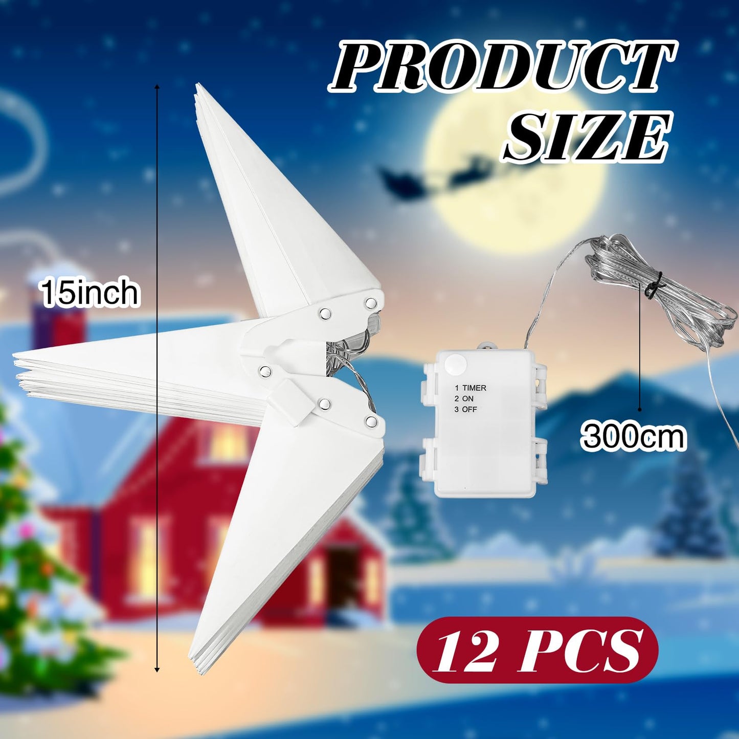 VIHOSE 12 Pcs Large White Moravian 15'' Led Tree Topper 3D Lighted Christmas Holiday Porch Hanging Outdoor Xmas for Window Home Decoration