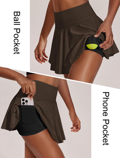 PINSPARK Tennis Skorts for Woman High Waisted Athletic Skirt with Shorts Underneath Pleated Pickleball Skirts, Espresso Brown Large