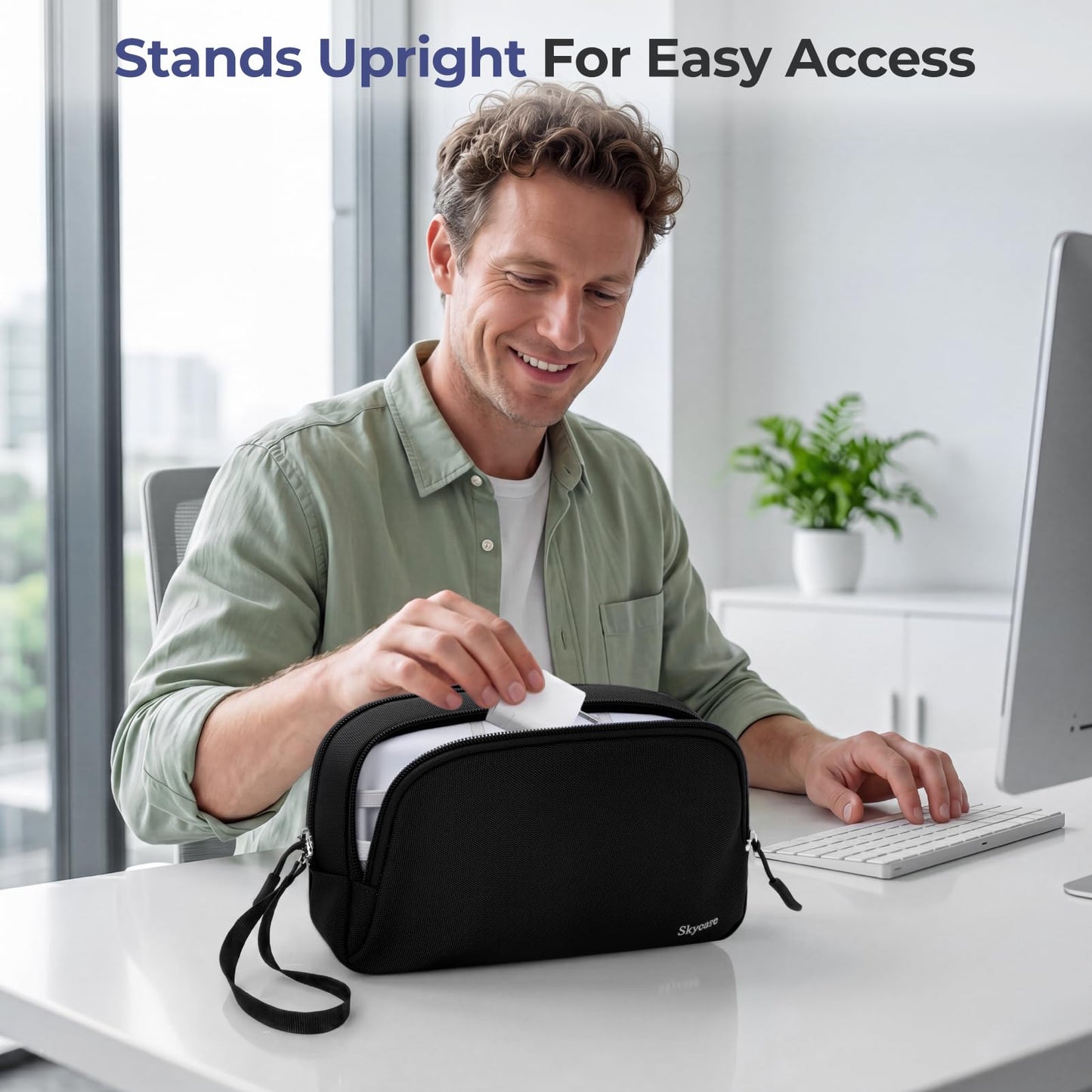 Skycase Travel Cable Organizer - Lightweight Water Resistant Dual-Layer Tech Pouch with Wrist Strap 10 Compartments Electronic Organizer Travel Case for Charger Cord Hard Drive,Medium,Black
