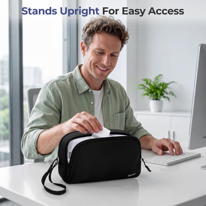 Skycase Travel Cable Organizer - Lightweight Water Resistant Dual-Layer Tech Pouch with Wrist Strap 10 Compartments Electronic Organizer Travel Case for Charger Cord Hard Drive,Medium,Black
