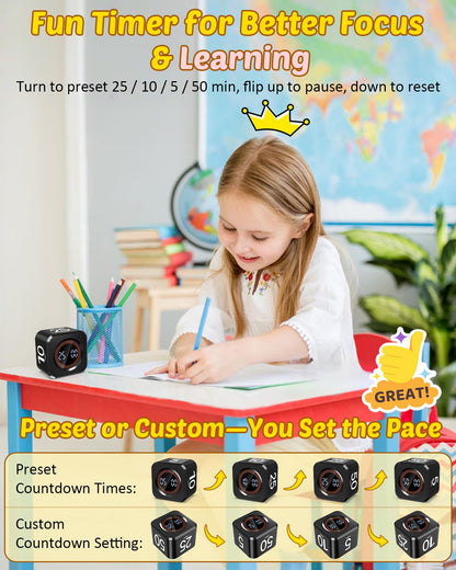 COWVTUJ Digital Pomodoro Timer Cube 5/10/25/50min, Visual Productivity Flip Timer for Kids Classroom Desk, Custom Countdown, Silent and Sound Mode for ADHD Study Work Game Kitchen (Black)