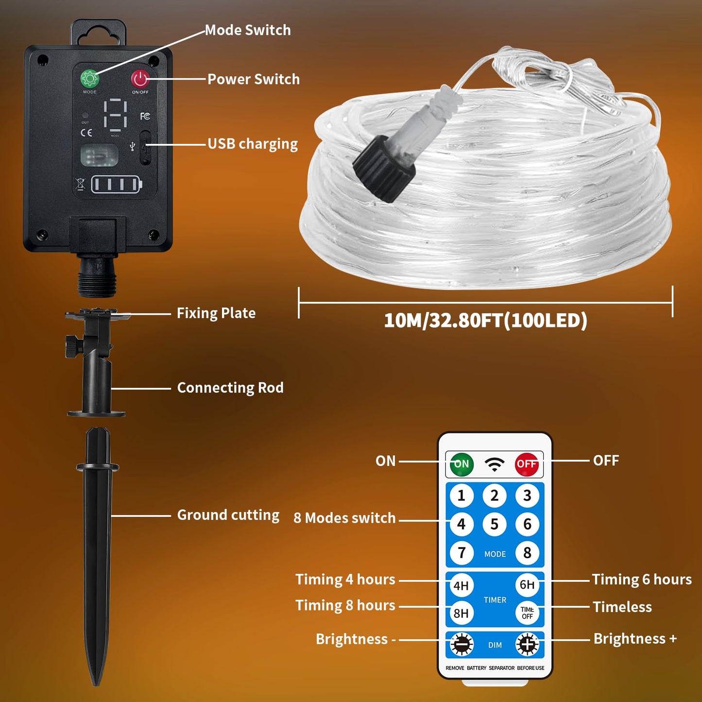 LairtPOW Solar Rope Lights with Remote for Palm Tree,39FT 100LEDs Outdoor Solar Strip Lights for Garden,IP67 Waterproof,USB Charging, Timing & 8 Modes Larger Tube Fairy Light for Christmas(Warm White)