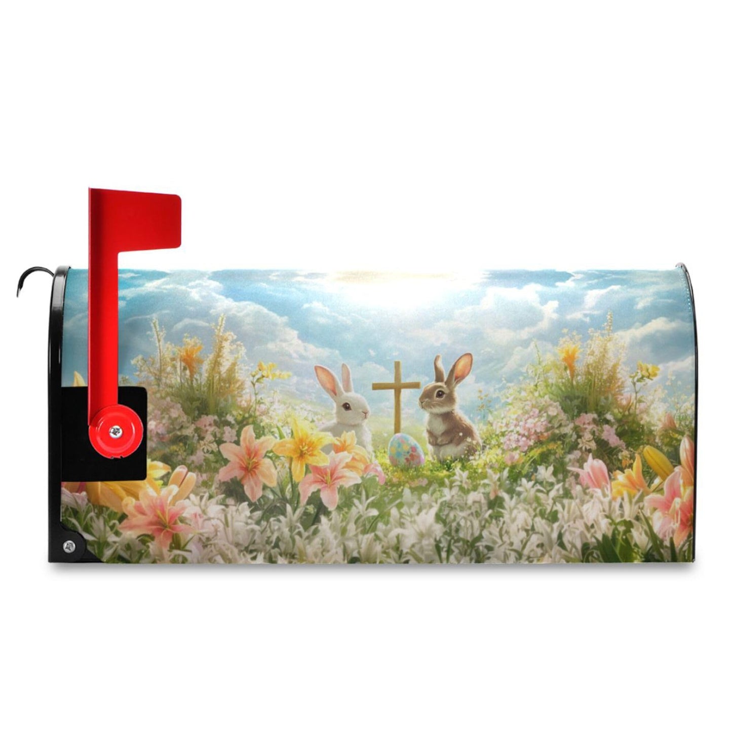 Wamika Happy Easter Day Eggs Bunny Mailbox Cover Standard Size Welcome Spring Flowers Lily Magnetic Mailbox Covers Garden Yard Porch Mail Boxes Cover Holiday Decorations 21" L x 18" W
