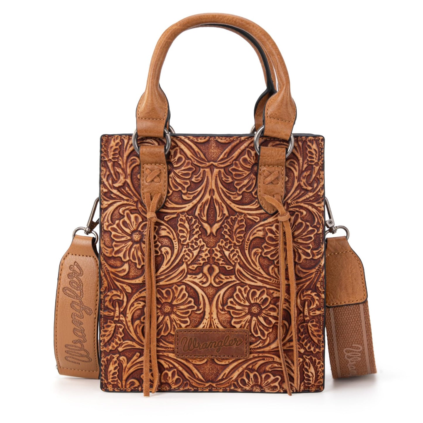 Wrangler Embossed Crossbody Purse for Women Wallet Women Western Cross body Purses Fringe Top handle handbag and small Purse WG271-8119LBR