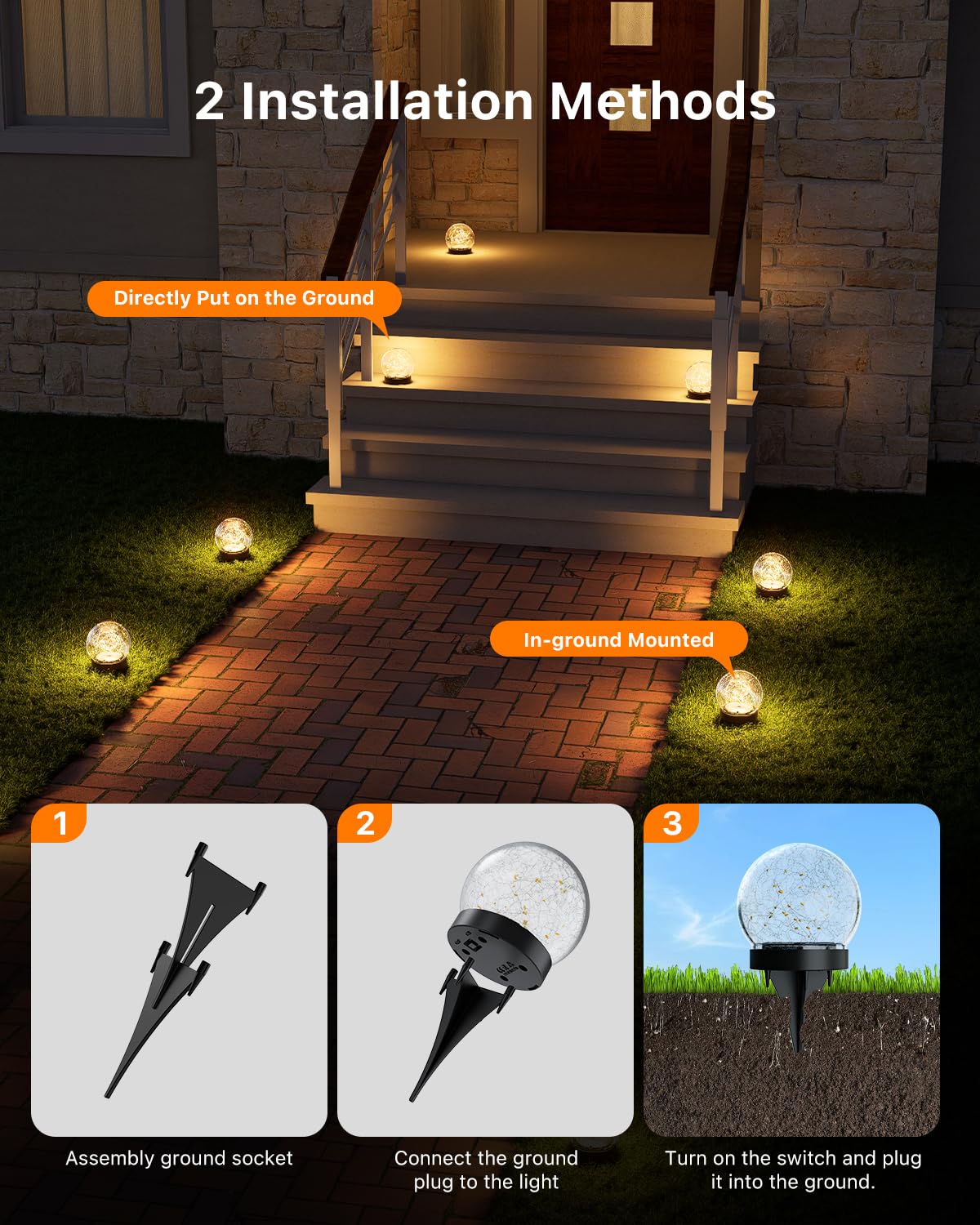 4 Pack Solar Powered Cracked Glass Globe LED Lights Outdoor Waterproof Decorative Table Ball Lamps for Outside Garden, Patio, Yard, Deck, Pathway, Backyard Decoration Easy to Install (Warm White)