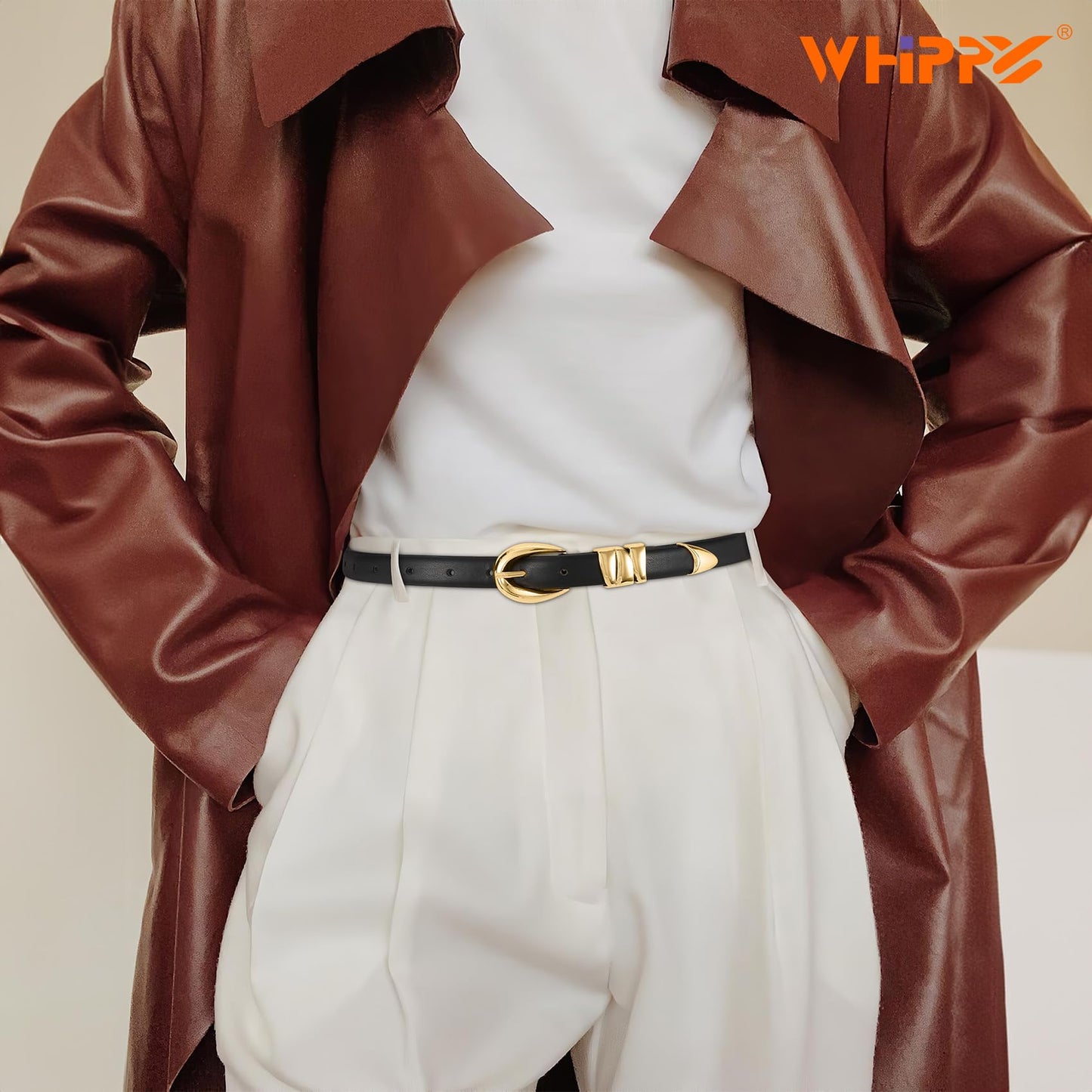 WHIPPY Women Skinny Leather Belt for Jeans Pants Dresses Ladies Fashion Waist Belt with Shiny Gold Buckle,Black Gold,S