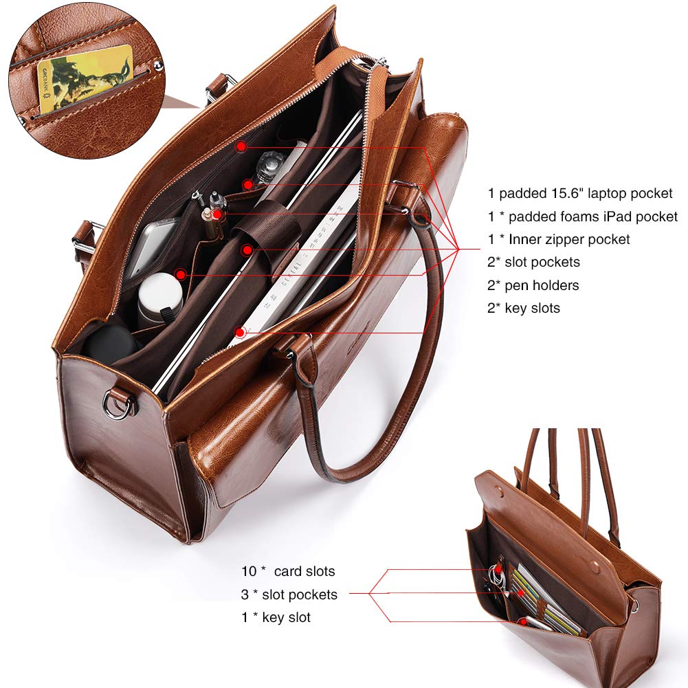 CLUCI Briefcase for Women Oil Wax Leather Vintage 15.6 Inch Laptop Business Shoulder Bag