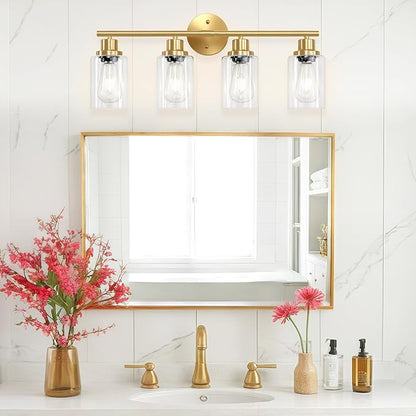4-Light Gold Bathroom Light Fixtures, E26 Modern Vanity Lights for Bathroom with Clear Glass Shade, Wall Lamps for Mirror Hallway Kitchen Cabinet Living Room Sconces Lights