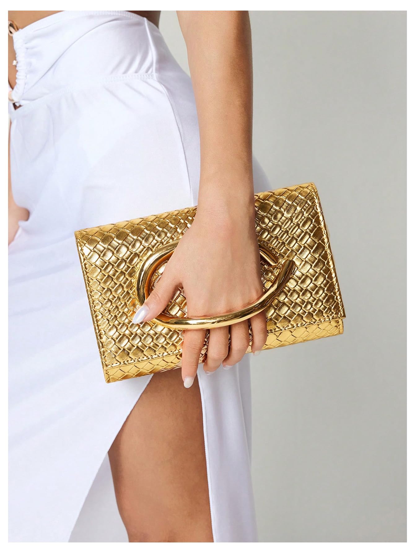 QWINEE Women's PU Leather Evening Wedding Party Clutch Purse with Chain Metal Decoration Trendy Causal Shoulder Bag Gold One Size