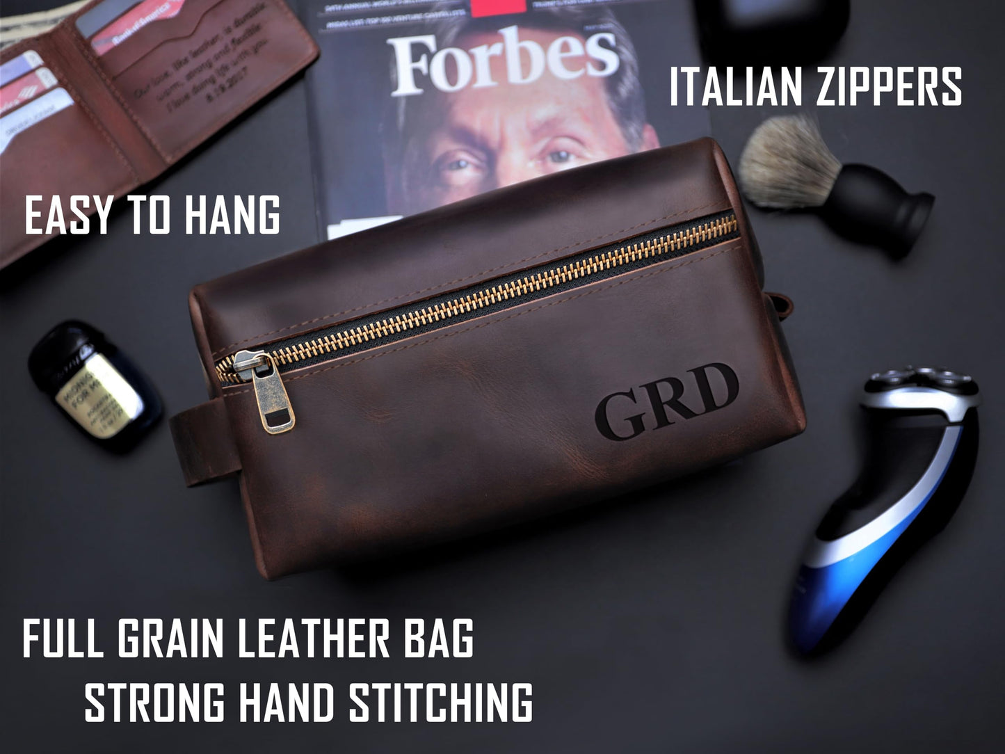 Mens Waterproof Toiletry Bag – Crafted in USA – Ideal Gift for Husband, Dad, Groomsmen, Boyfriend & Friend – Genuine Leather Toiletry Bag Customized Name or Initials – Personalized Travel Bag for Men