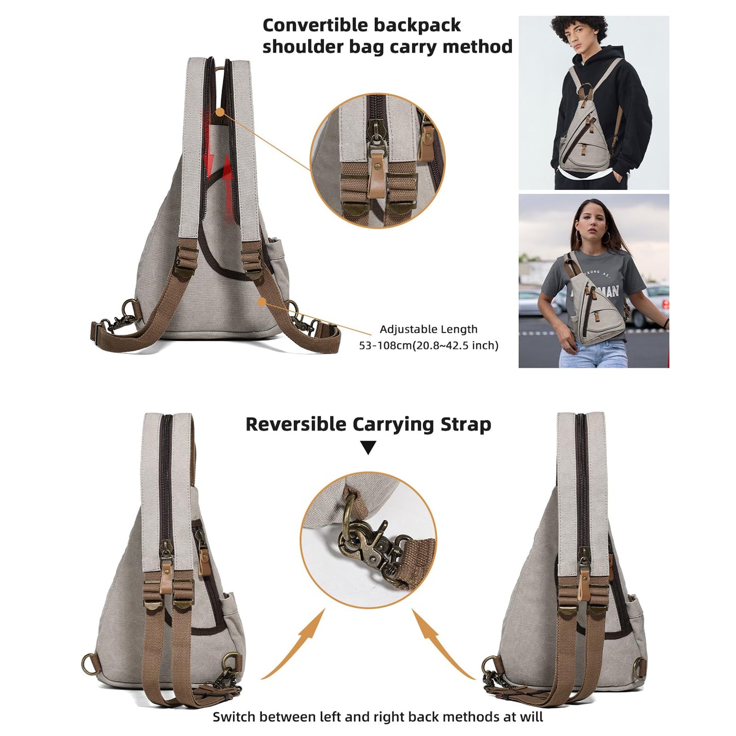 KL928 Canvas Sling Bag - Small Crossbody Backpack Shoulder Casual Daypack Rucksack for Men Women(Small Version, Leaden)