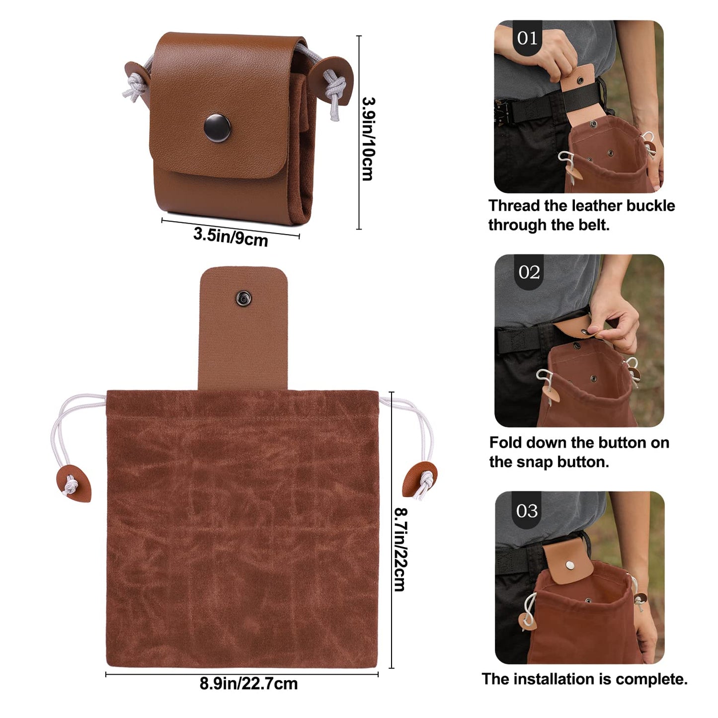 Brown Foraging Bag, Outdoor Picking Fruit Bags, Waxed Canvas Foraging Pouch, Foldable Leather Belt Pouch With Drawstring Multi-Purpose Picking Bag for Camping, Shells, Treasures, Travel, Hiking, Tools