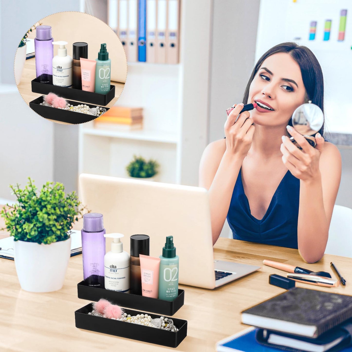 Teling Large Rectangular Desk Organizer Set, Half Accessory Tray, Plastic Tabletop Organizer for Office, Home, or Study, Dimensions: 9.45 x 2.95 x 1.38 Inches(4 Pcs,Black)
