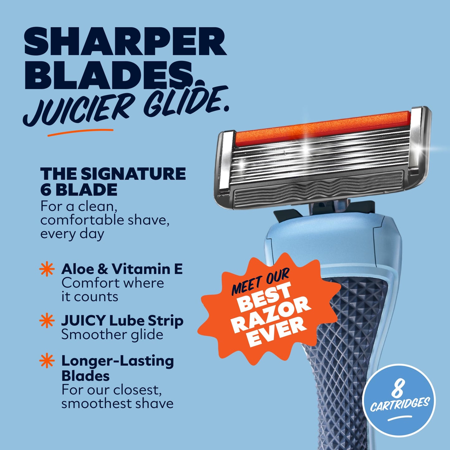 Dollar Shave Club | 6 Blade Razor Refills (8 Pack) | 6 Stainless Steel Blades for a Close & Comfortable Shave, 1 One Wipe Charlies