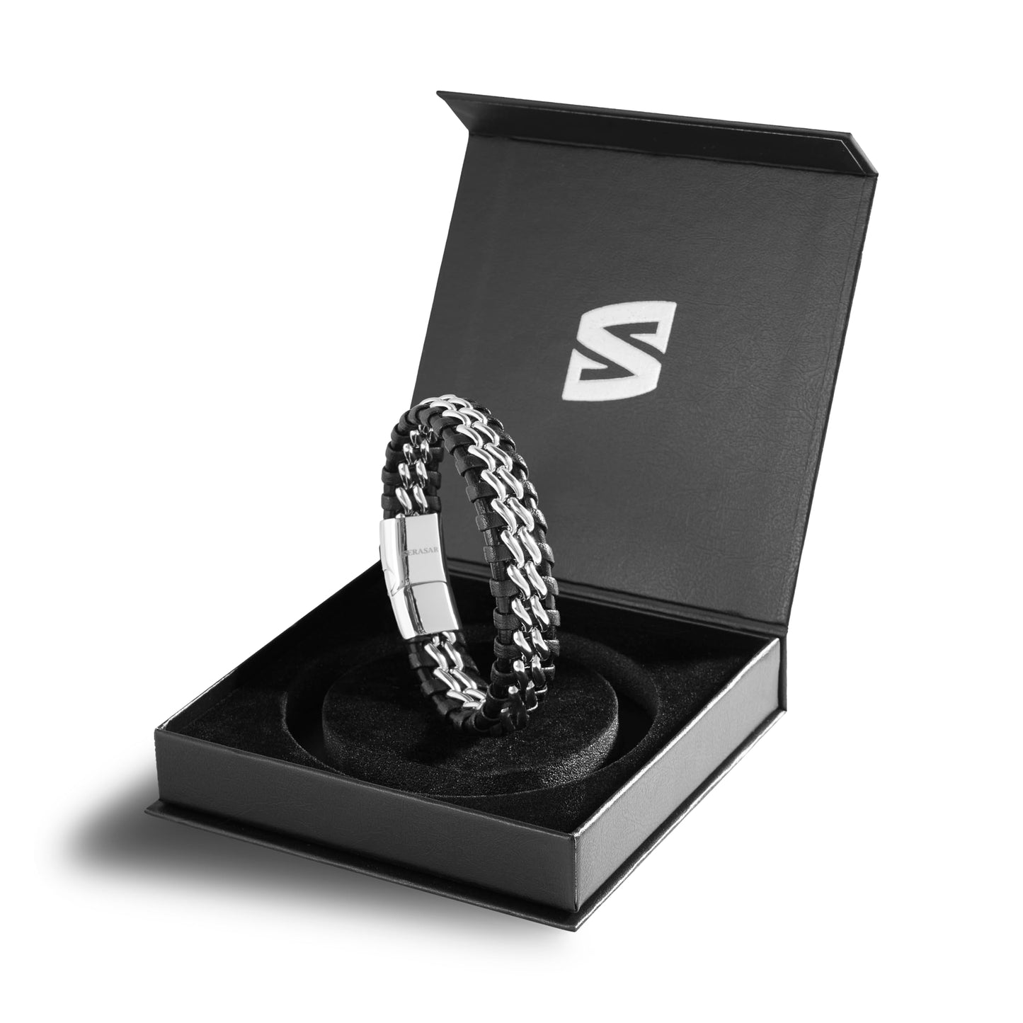 SERASAR 8″ Silver Leather Bracelets for Men Mens Cowhide Gift Box Braided Bracelet Stainless Steel Jewelry Wrist Band Cuff Wrap Rope Bangle Dad Pulseras para Hombres Cuero Regalo