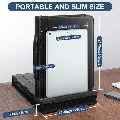 Padfolio Portfolio Organizer Binder with Zipper and Hidden Handle, PU Leather Portfolio Folder for Documents, Business Card Holder, Notepad Padfolio for Men&Women (Black)