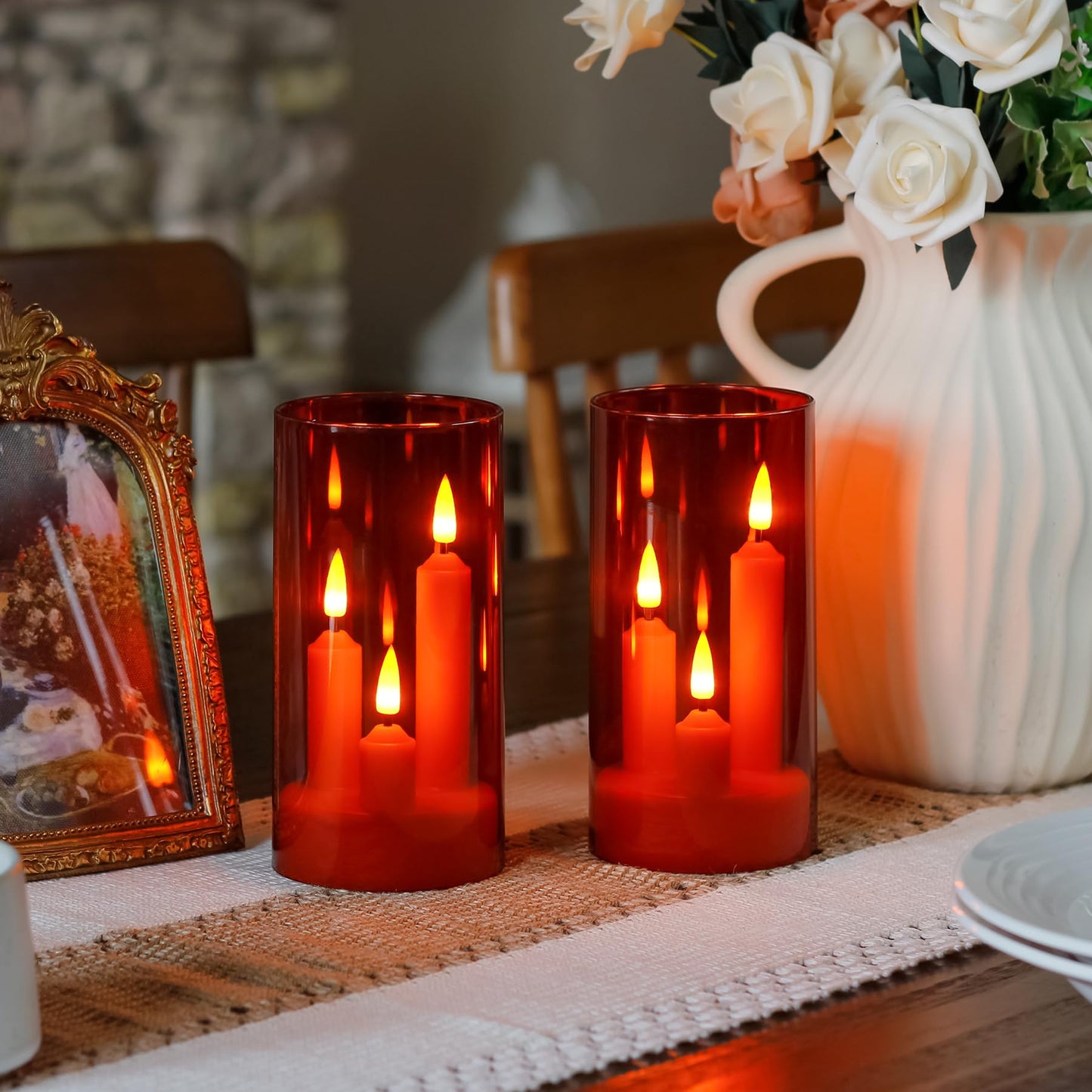 Zevanor 3 in 1 Flameless Taper Short Candles with 10 Key Remote Control and Timer, Battery Operated Pack of 2 LED Acrylic 3" x6" Red Pillar Flickering Warm Light