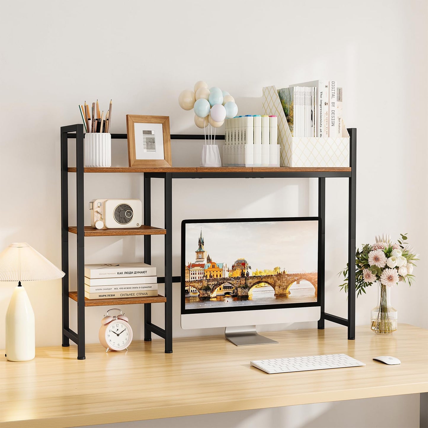 Snughome Desk Shelf, 38.6" Desktop Organizer Shelf, Desk Hutch for Computer Monitor, 4 Tier Desk Display Rack, Wood Desktop Bookshelf Storage Rack for Home Office Dorm, Rustic Brown