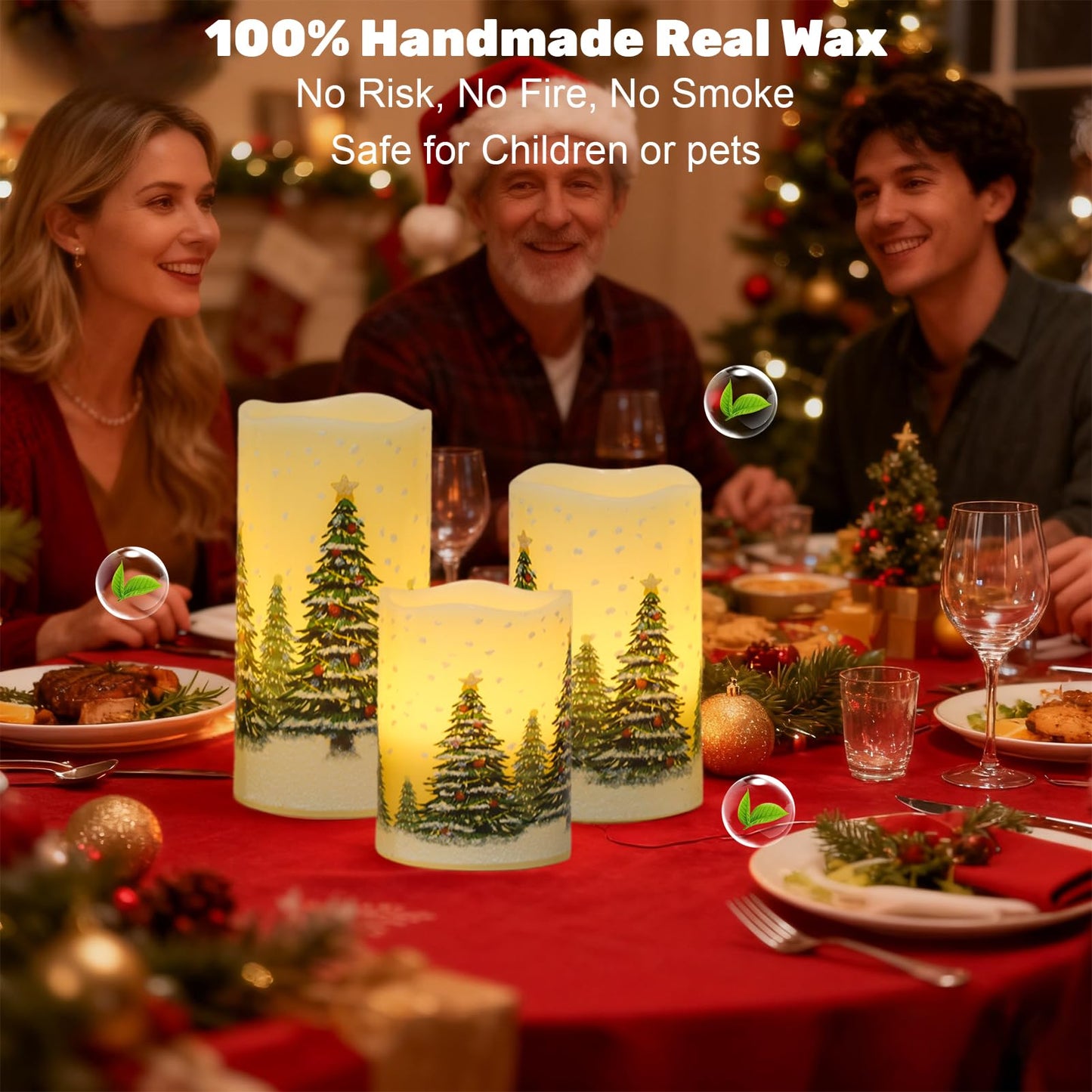 Wondise Flameless Flickering Pillar Candles with Remote Timer, Real Wax Battery Operated Christmas Tree Pine Tree Decal LED Candle for Christmas Decoration Gifts, Set of 3(D3 x H4/5/6 Inch)