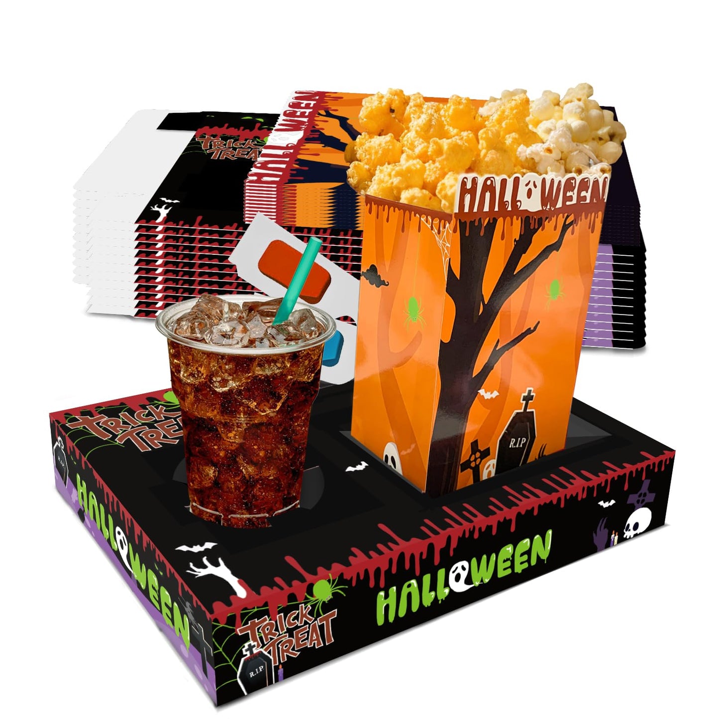 Movie Night Supplies(24pcs)-Neon Style Movie Night Snack Trays*12+Popcorn Buckets*12,Kid's Birthday Party,Game Night,Movie Night Snack Trays with Popcorn Bags. (Horror theme)