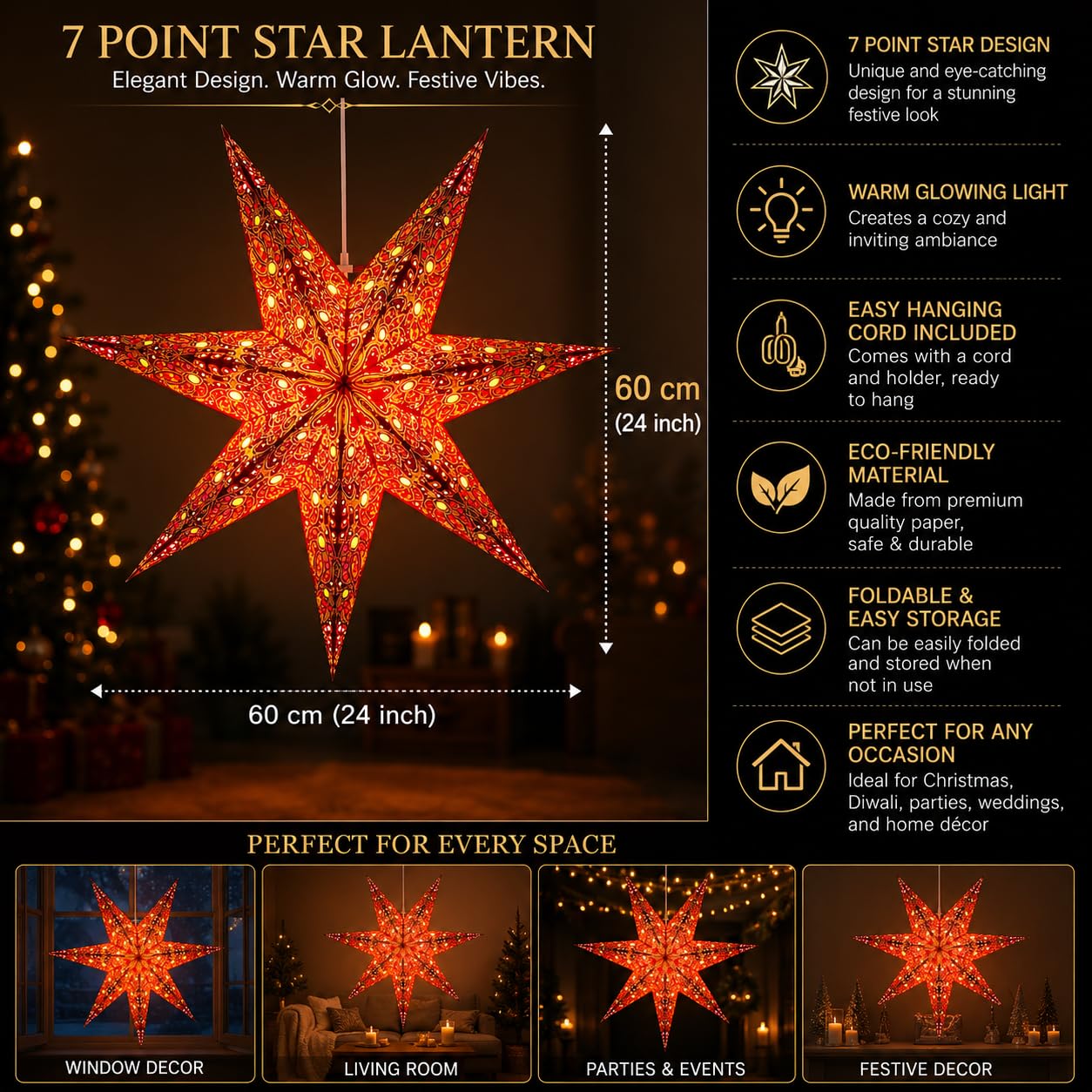 YEPSIO Lantern Lampshade Paper Star Light Shades Large 60cm Hanging Decorations for Christmas Wedding Home Decoration Birthday Party Foldable 7 Pointed Star (Bright Red, Yellow, Orange)