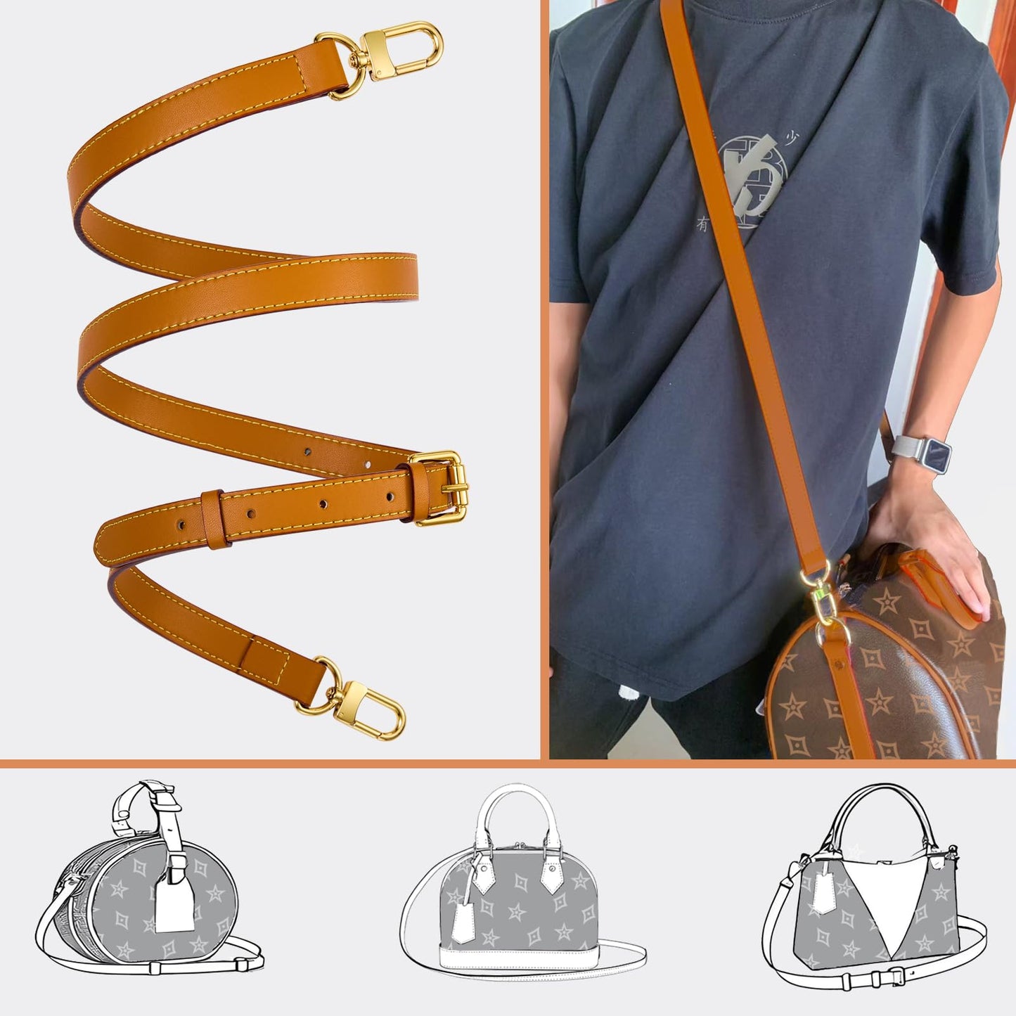 LWMYFZX Genuine Vachetta Leather Crossbody Strap | Adjustable Replacement Shoulder Strap for Handbags, Purses & Clutches (Beige yellow)