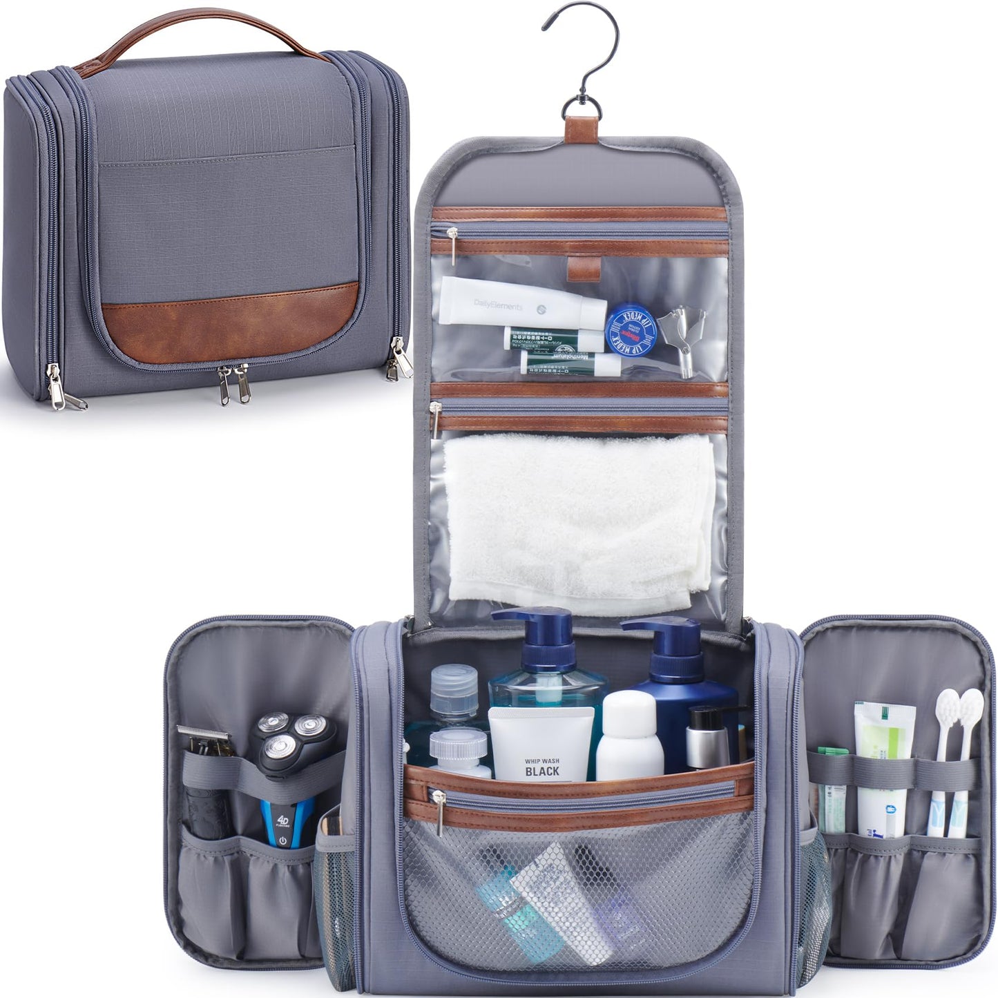 Ralnitote Large Hanging Toiletry Bag for Men, Travel Bathroom Bag with Hook, Hygiene Bag Organizer for Shower, Shaving & Grooming Essentials, Gray
