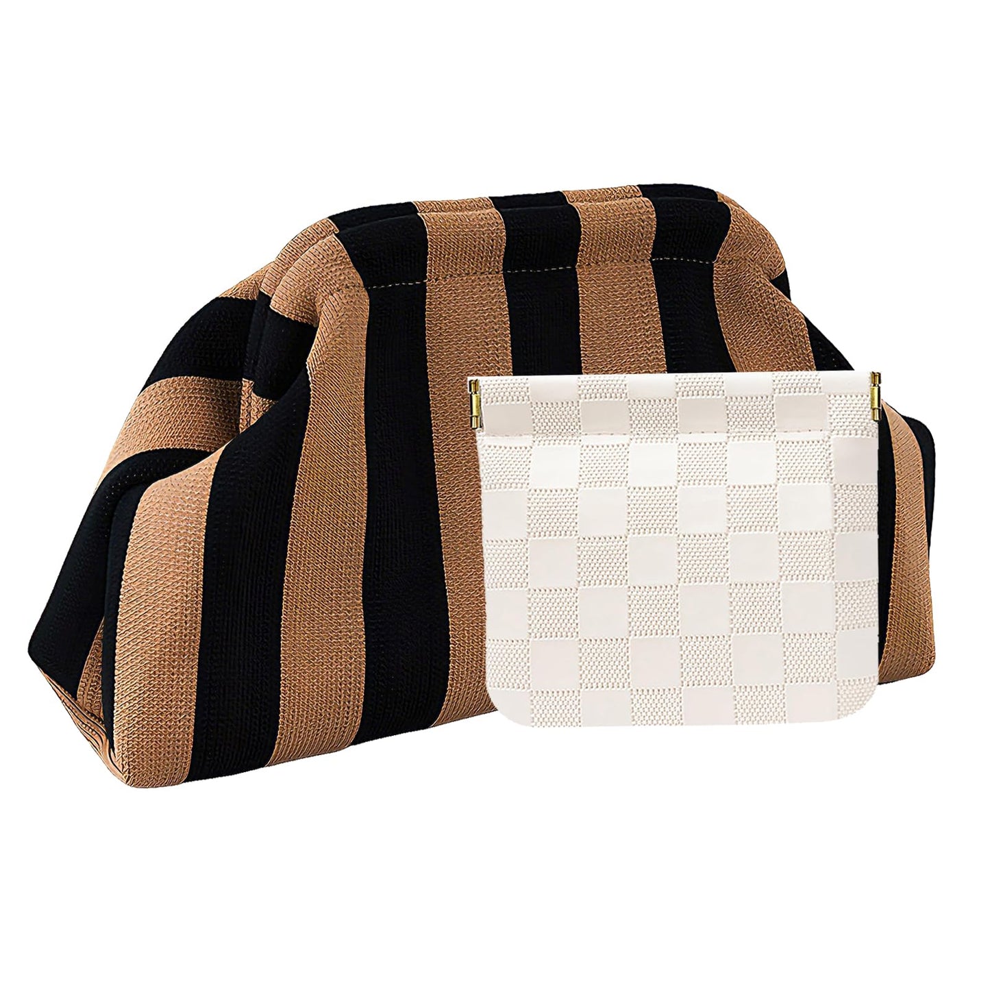 Vpoofree Clutch Purses for Women,Woven Clutch with Leather Pocket Bag,Woven Crochet Dumpling Striped Cloud Handbag Evening Bag Summer (Black-brown Stripe Woven Clutch Purses)