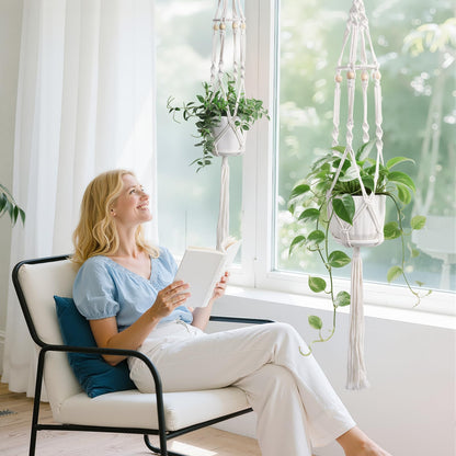 MSFON 2 Pack Macrame Plant Hanger with Grow Light: Sturdy Hanging Planters for Indoor Plants, Cute Plant Holder with Plant Light, Fits 5–9 Inch Pots (Daylight Spectrum)