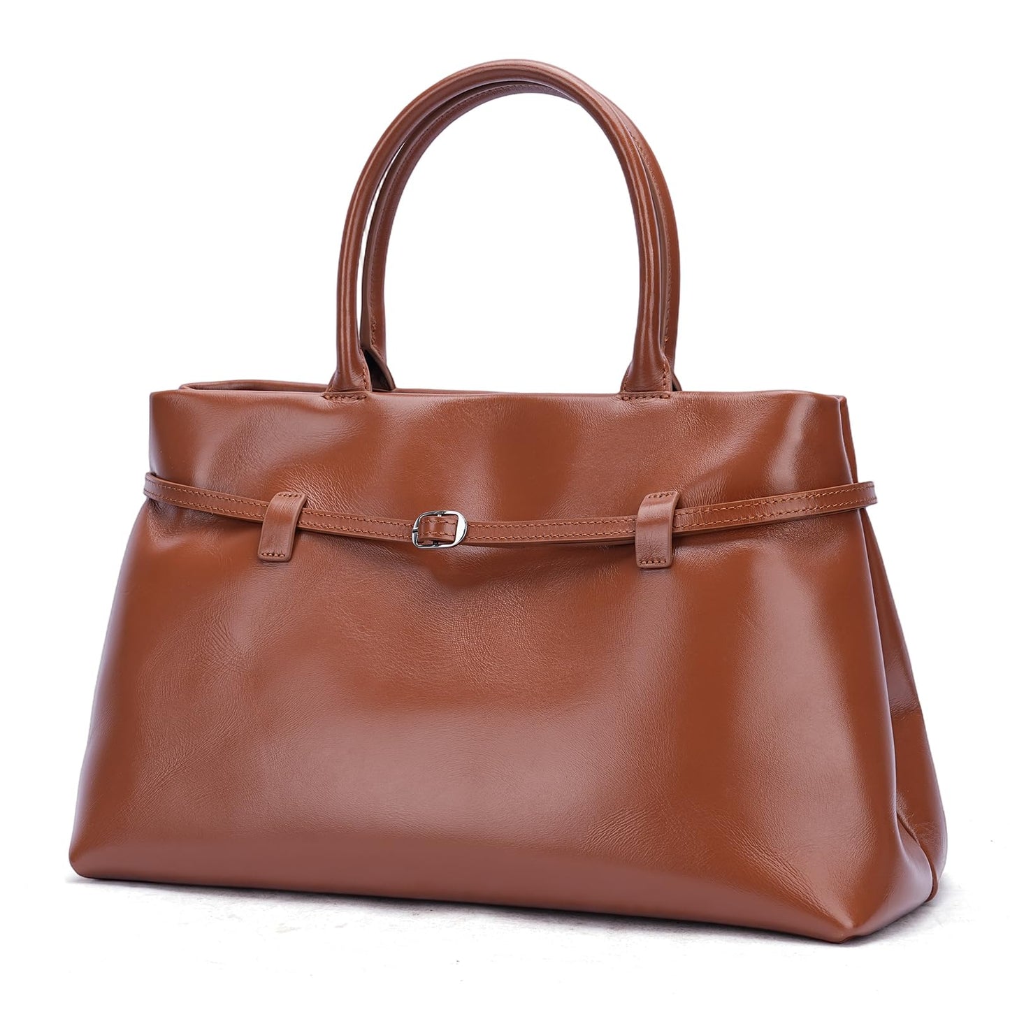 Masa Kawa Genuine Leather Tote Bag for Women with Long Strap, Waterproof Expandable Top-Handle Handbag, Shoulder Crossbody Bag for Daily Work, Caramel Brown