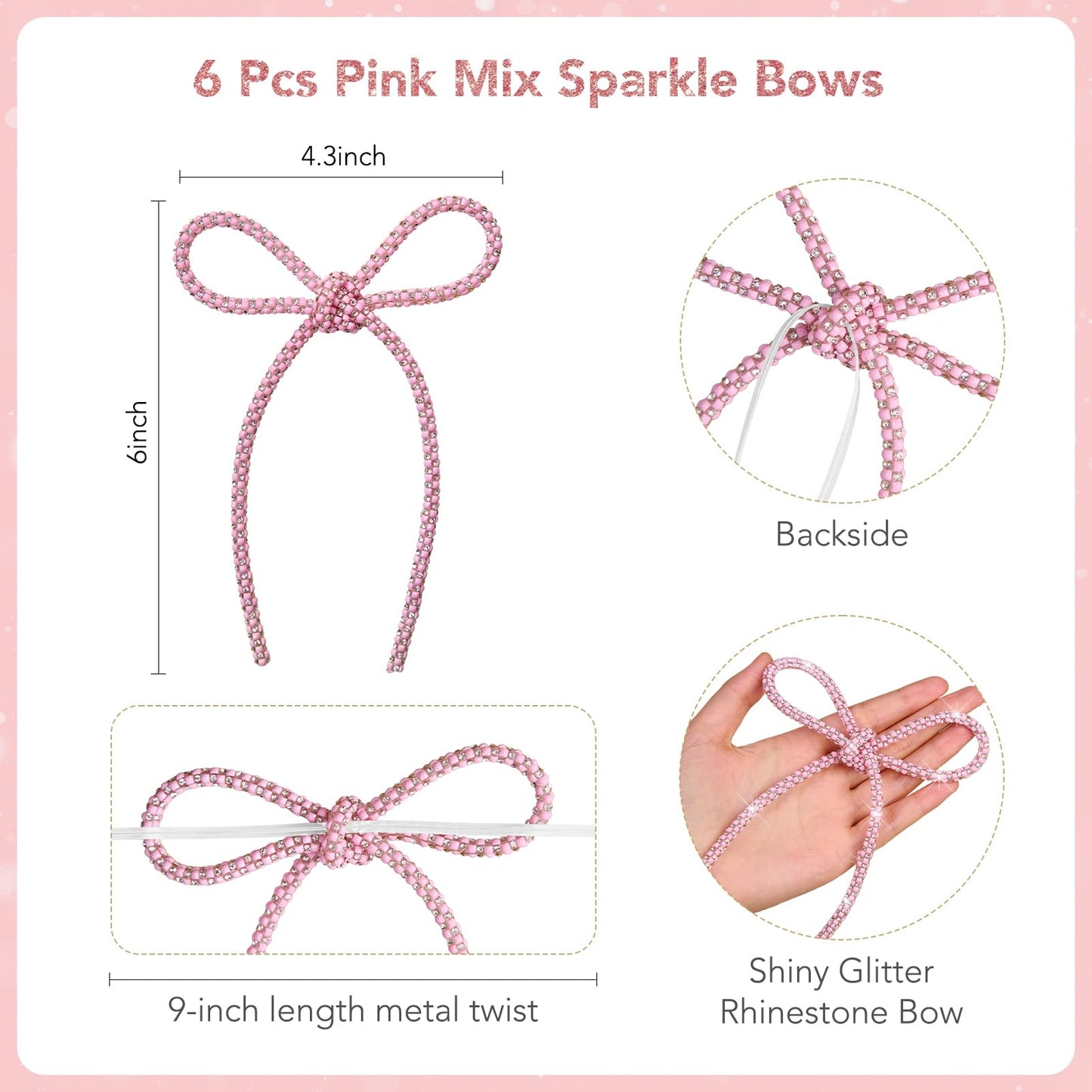 FLAIR GIFTS 6 Pcs 4.3" x 6" 2026 Christmas Bows for Decor, Mix Pink Sparkly Glitter Rhinestone Bow Ornaments with Twist Tie for Decoration, Wreath, Garland, Gift Wrapping
