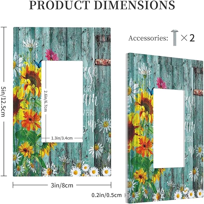 Turquoise Rustic Vintage Wood Planks Sunflower Butterfly Single Rocker/Decora Light Switch Plate Decorative 1 Gang Outlet Cover Faceplate GFCI Electrical Receptacle Wallplate Dimmer for Home Decor
