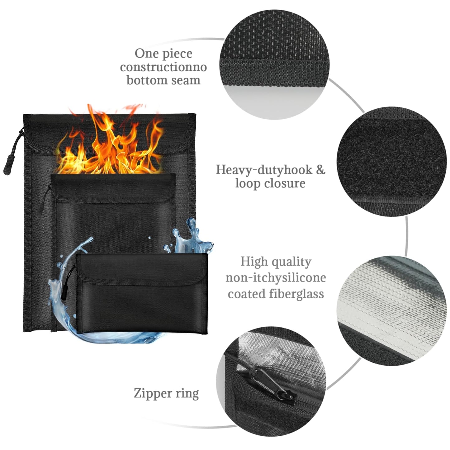 Lihengkong Fireproof Waterproof Document Bag 3-Pack Black 2000℉ Money Bag for Cash Passports ID Cards Social Security Card Protector Waterproof Zipper Pouch Fire Proof Bank Bag Document Holder