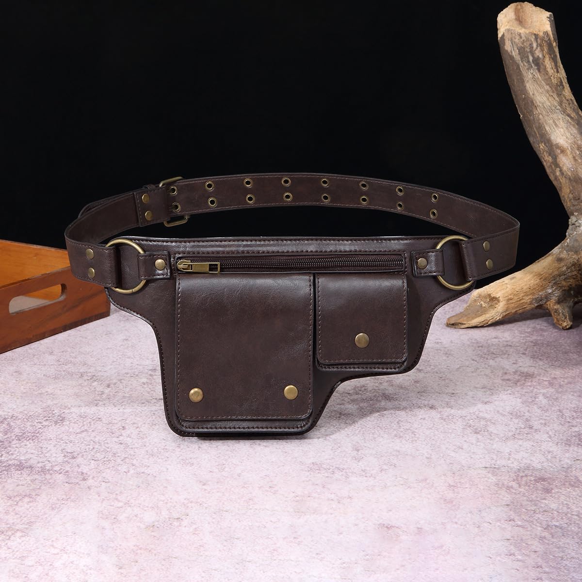 GK-O Steampunk PU Leather Hip Belt Bag for Men Women Vintage Motorcycle Waist Bag with Adjustable Strap Medieval Cosplay Utility Fanny Pack (Dark Brown)