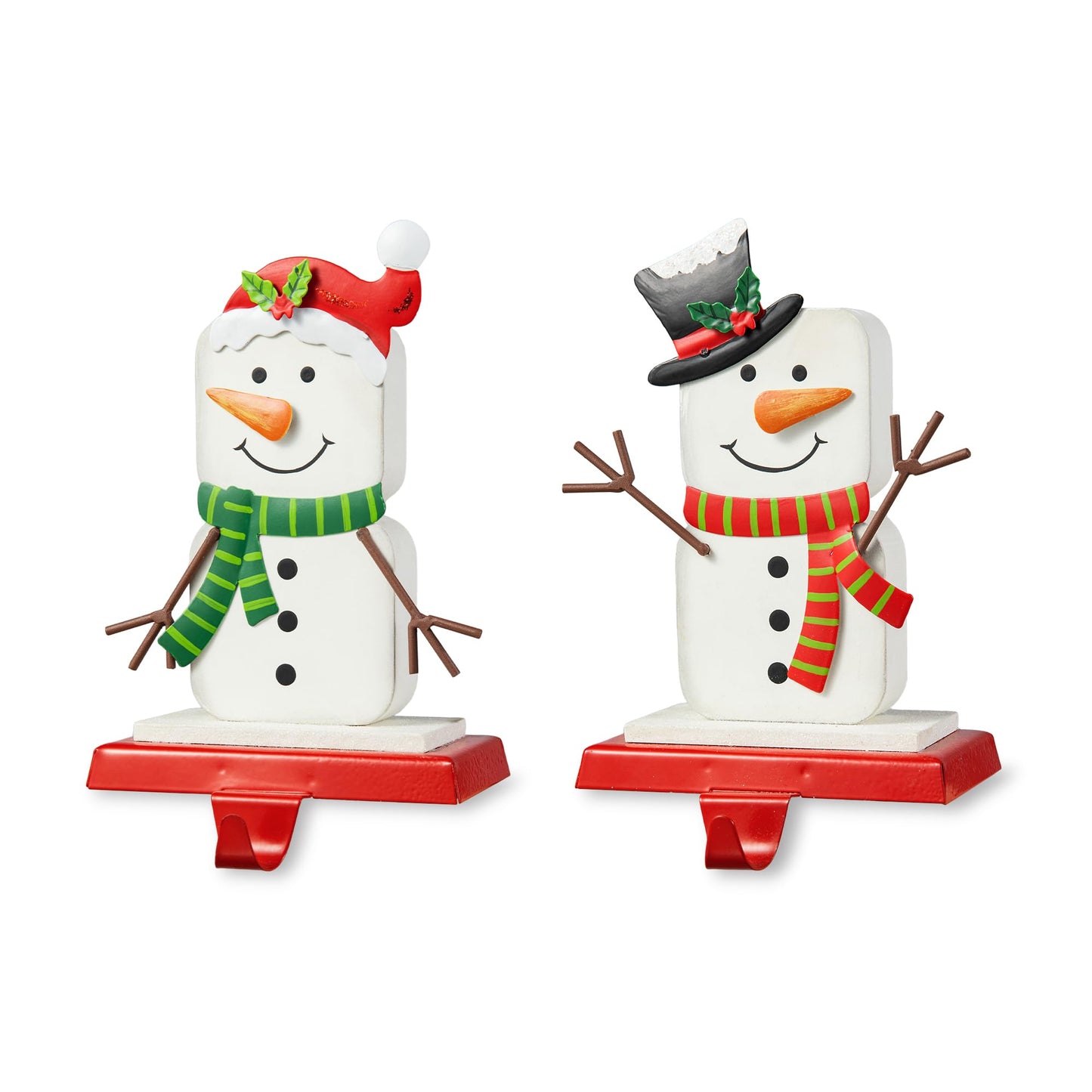 Glitzhome Christmas Stocking Holders for Mantel, Set of 2 Snowman S'Mores Marshmallow Metal Hooks, Heavy Duty Fireplace Hangers for Indoor Holiday Decor