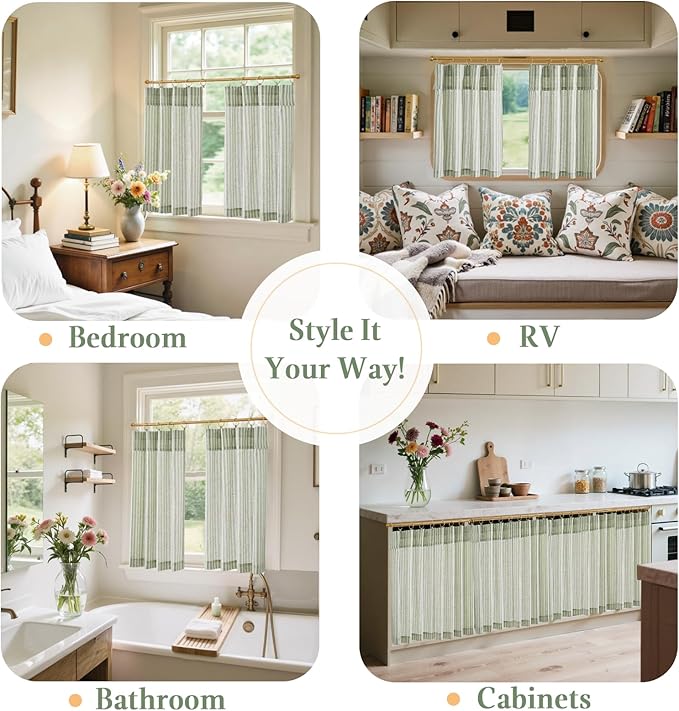 jinchan Striped Linen Kitchen Curtains with Attached Valance 24 Inch Length Cafe Tier Curtains for Living Room Rustic Half Window Light Filtering Rod Pocket Small Drapes 2 Panels Green