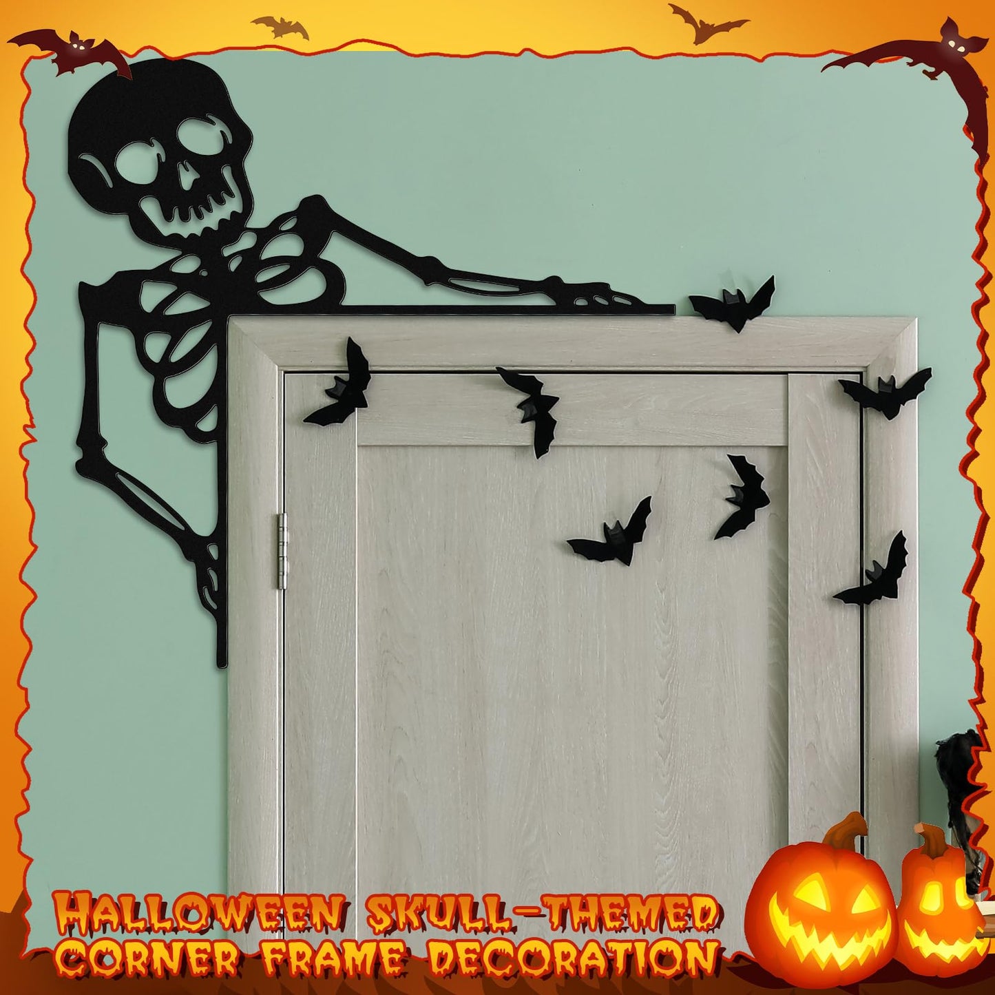 Yaocom Metal Halloween Skeleton Door Topper 11.8" x 11.8" Halloween Door Frame Decoration Gothic Metal Skull Sign for Corner Cabinet Shelf Window Wall Ornaments Day of The Dead Home Office Kitchen