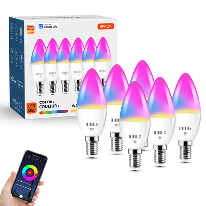OHLUX 6 Pack E12 Smart Candelabra LED Light Bulbs, Color Changing Compatible with Google Alexa and Smart Life, 4W 40W Equivalent WiFi Candle Bulbs with Remote Control, Timer
