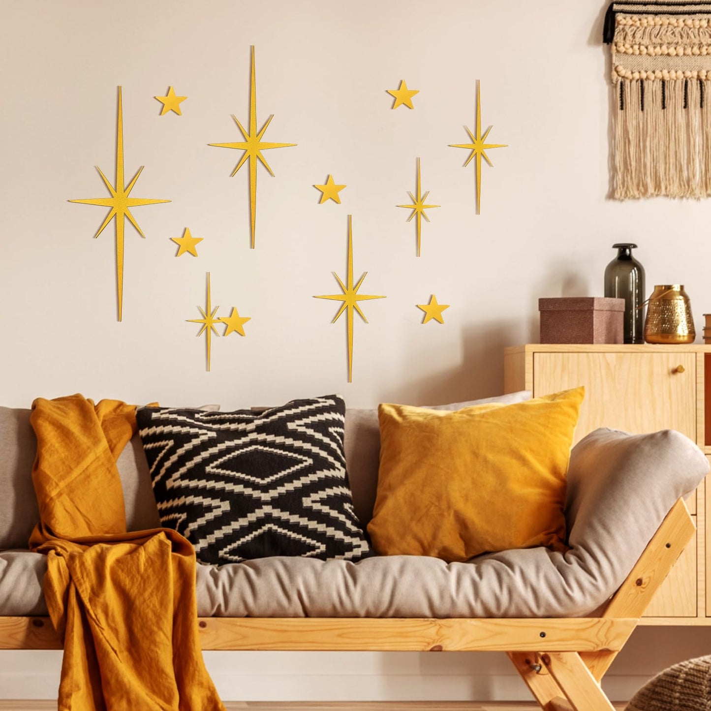 Tandefio 12 Pcs Cast Iron Starburst Wall Decor 8 Pointed Atomic Stars Wall Hangings Mid Century Modern Elegance Accents Easy Install Metal Finish for Home Office Room