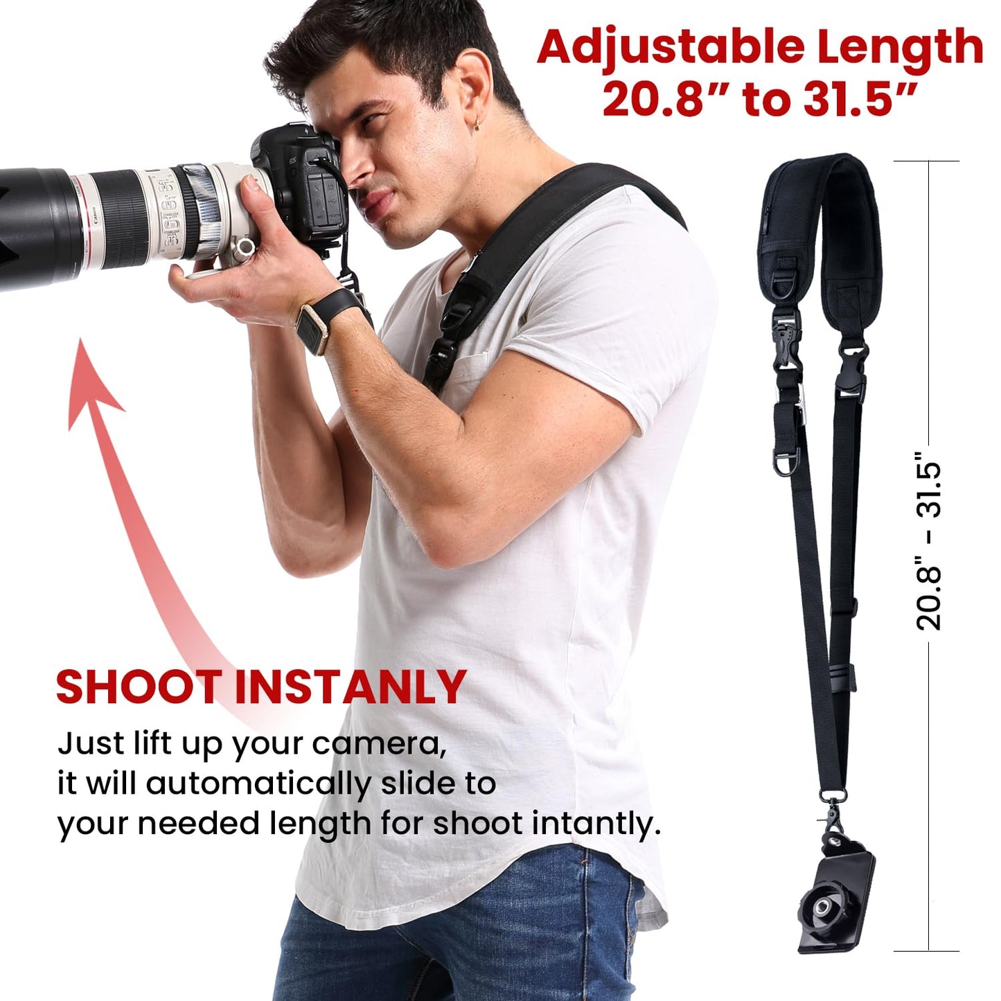 Waka Rapid Camera Neck Strap with Quick Release and Safety Tether, Adjustable Shoulder Sling Strap for Nikon Canon Sony Olympus DSLR - Black