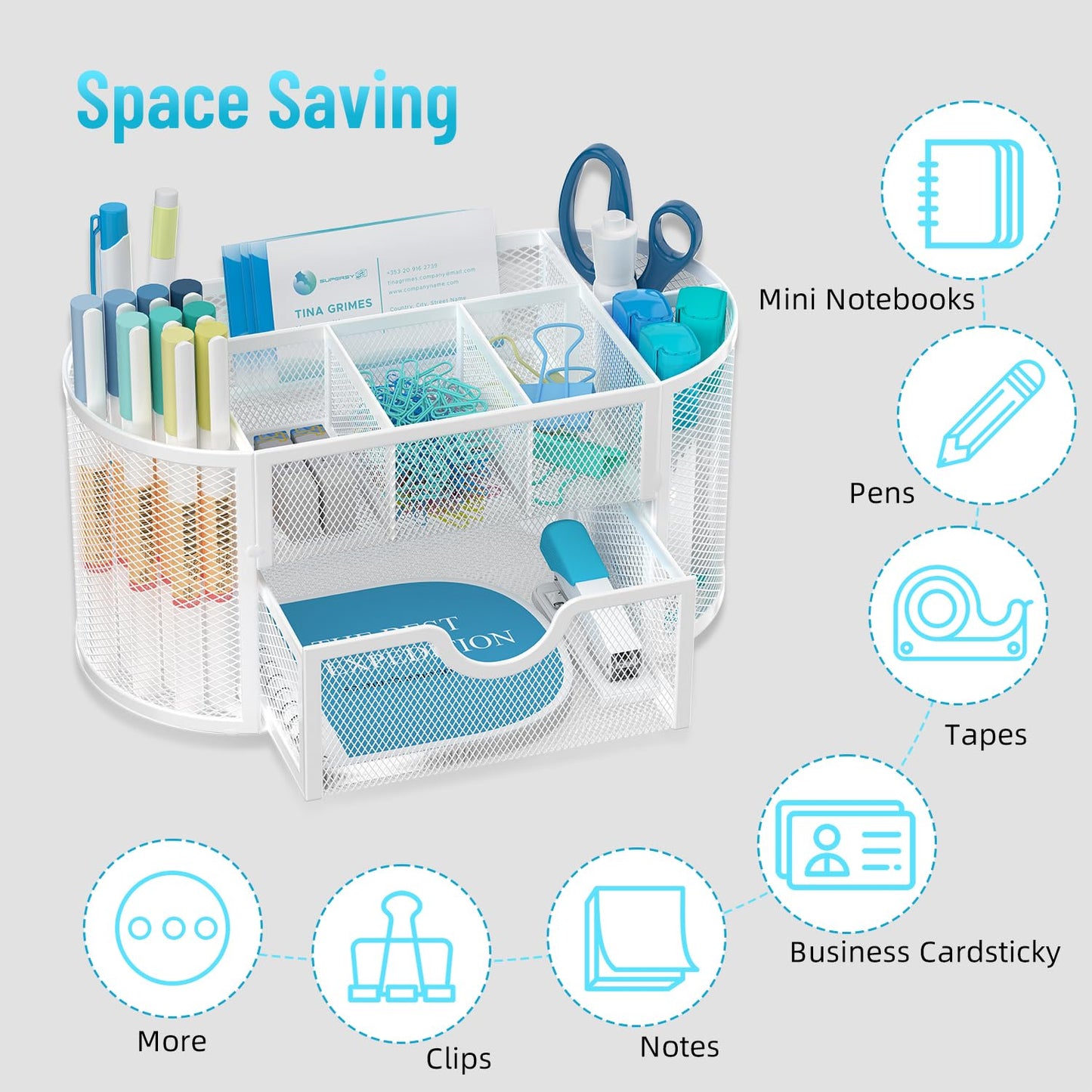 SUPEASY Mesh Desk Organizer, Desk Accessories & Workspace Organizers with Drawers, Pencil Holder for Desk with 9 Compartments for Office Suppliess, School, Classroom, 8.6 x 4.3 x 4.1 Inch, White