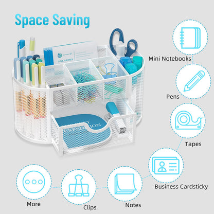 SUPEASY Mesh Desk Organizer, Desk Accessories & Workspace Organizers with Drawers, Pencil Holder for Desk with 9 Compartments for Office Suppliess, School, Classroom, 8.6 x 4.3 x 4.1 Inch, White