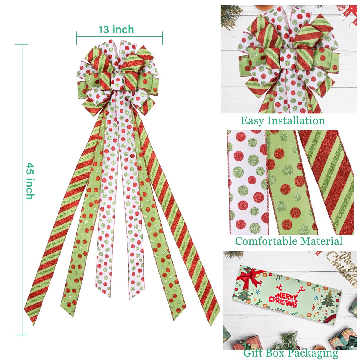 Christmas Tree Topper Wreath Bow Large Green Christmas Bow Tree Topper, 45"x13" Red Green Dot Polyester Gift Ribbon for Xmas Ornament Holiday Home Wedding Thanksgiving Indoor/Outdoor Decoration