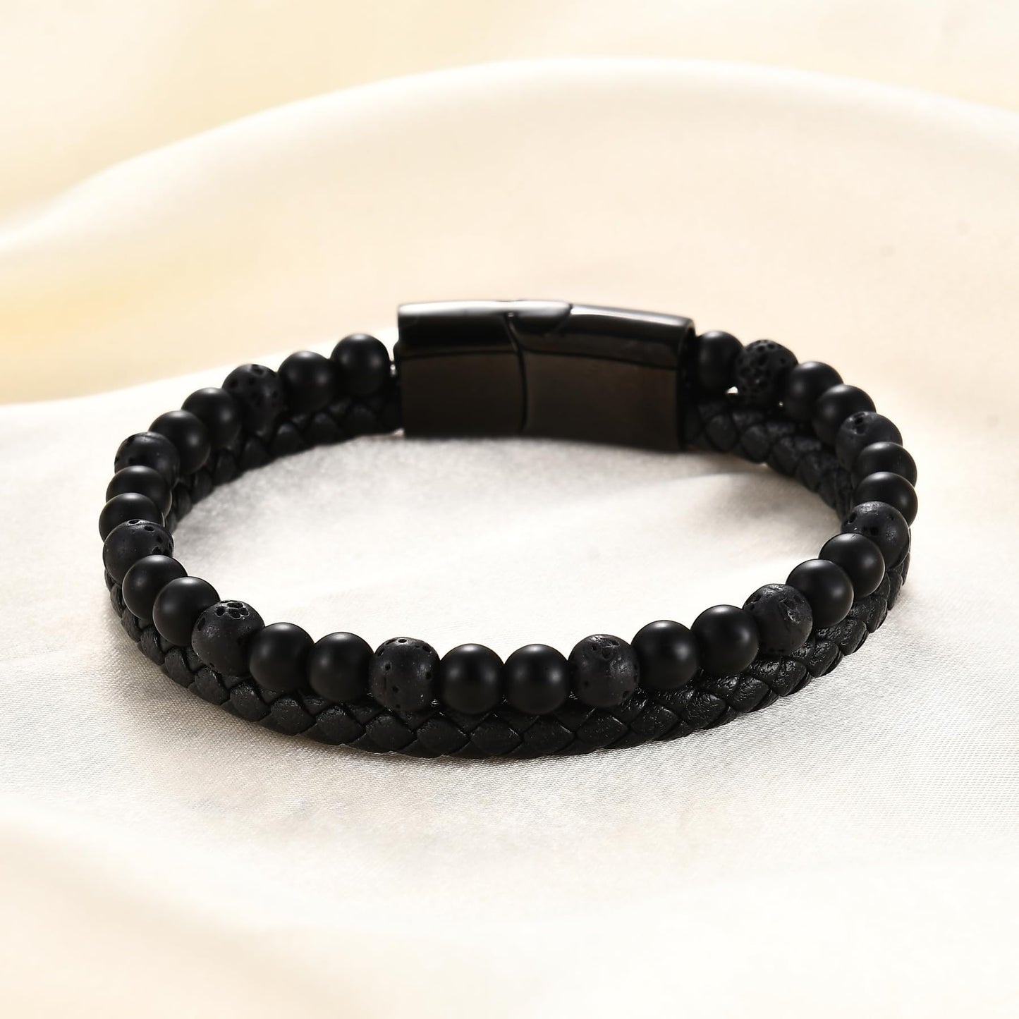 MYNENEY Stainless steel tiger eye stone cuff leather bracelet with bead, hand woven double-layer men's bracelet (Black, 9, Inches)
